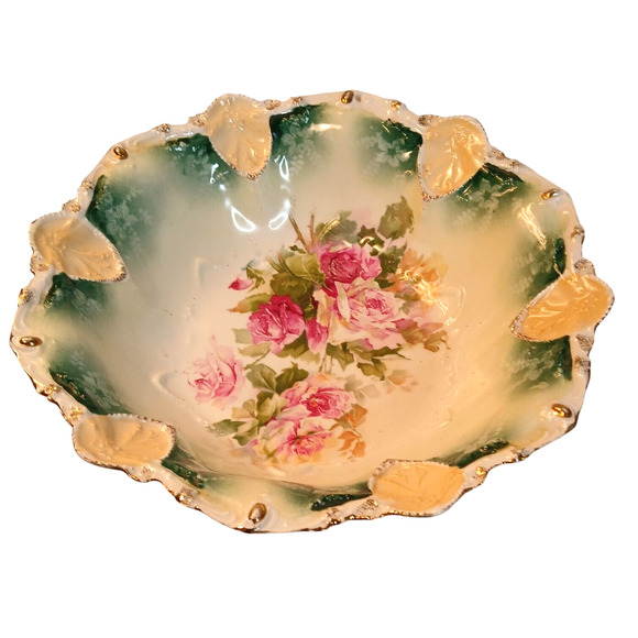Antique 1900's RS Prussia Porcelain Large Serving Bowl Scroll Mold Pink Roses - Picture 3 of 10